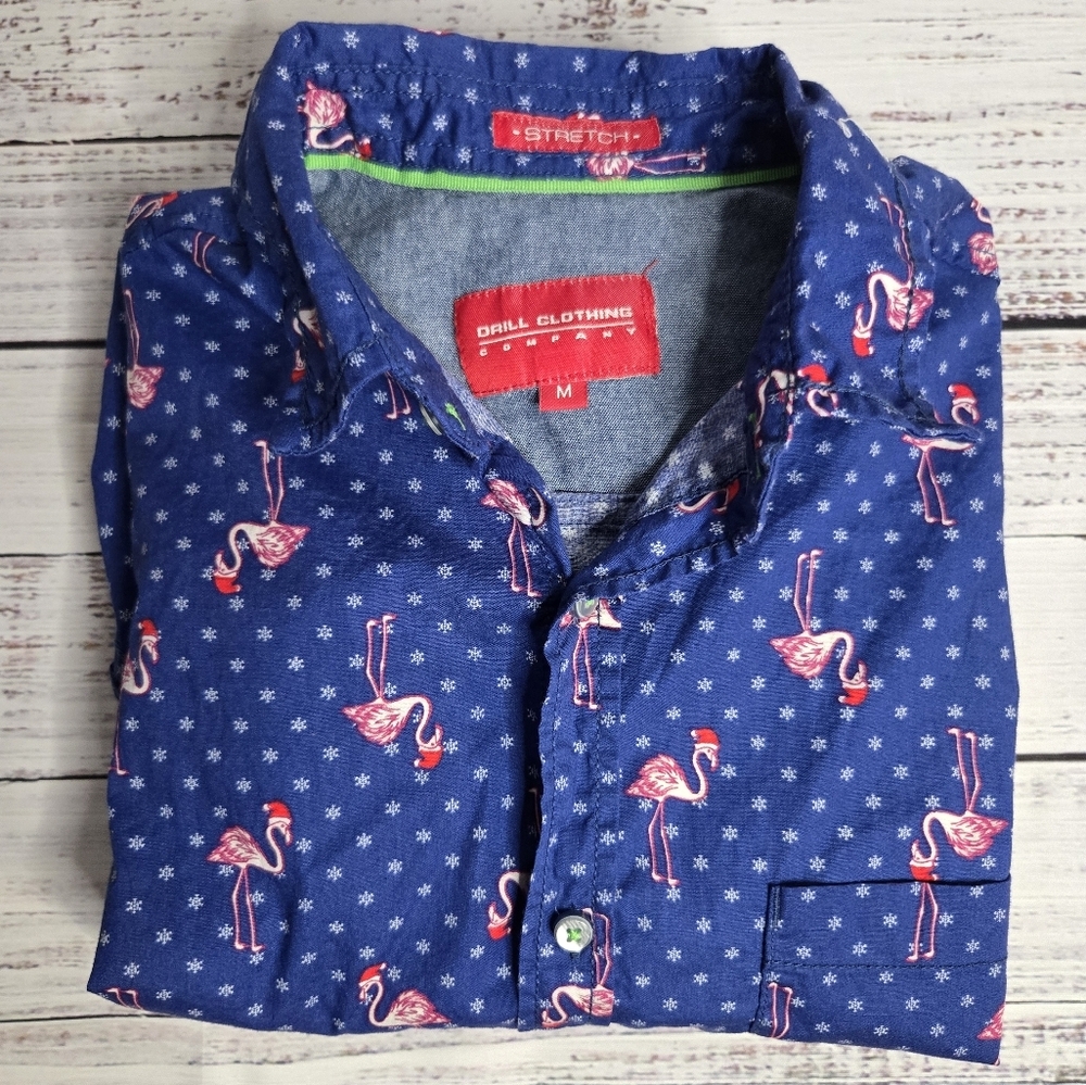 Drill Clothing Co Men's M Shirt Stretch Short Sleeve Button Christmas Flamingo